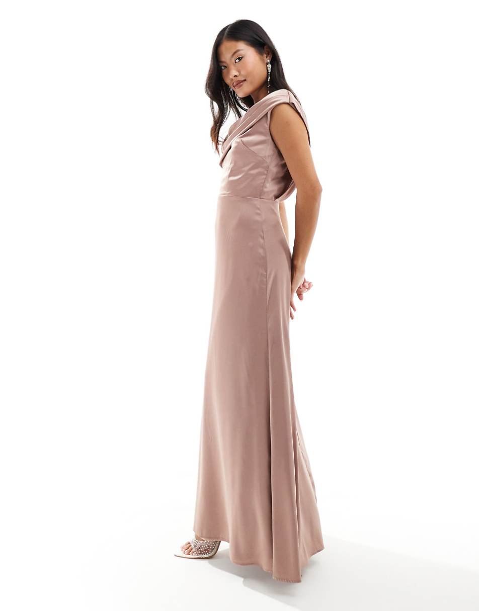 TFNC Petite Bridesmaid satin one shoulder drape maxi dress in rose pink