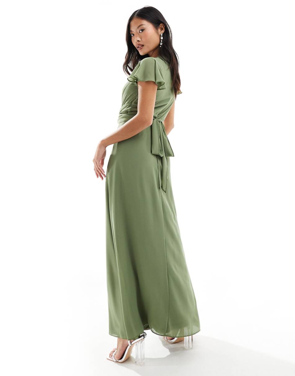 TFNC Petite Bridesmaid wrap front maxi dress in dark green