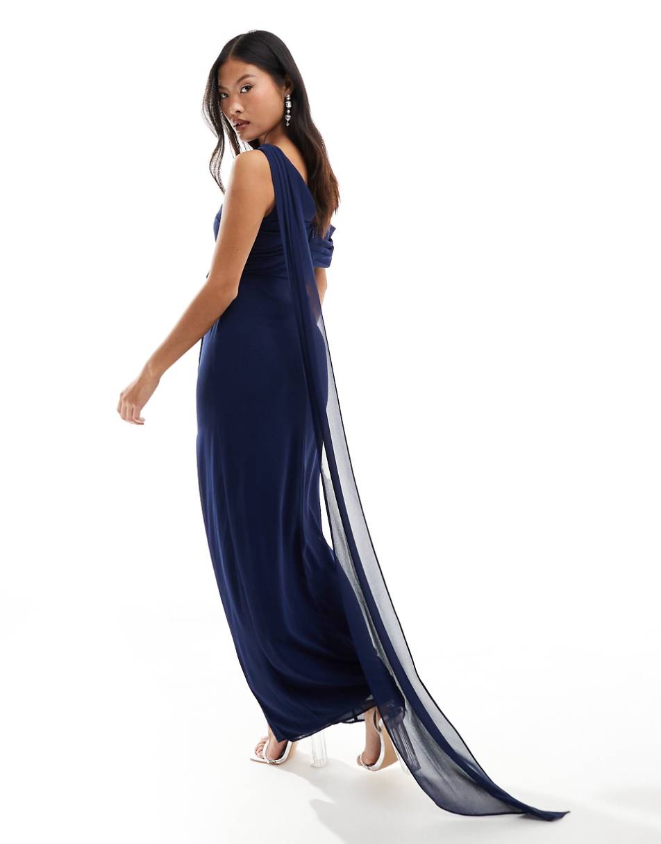 TFNC Petite Bridesmaid chiffon fallen shoulder maxi dress with drape detail in navy