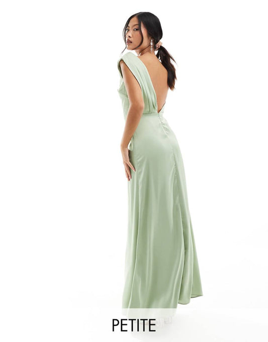 TFNC Petite Bridesmaid satin one shoulder drape maxi dress in sage