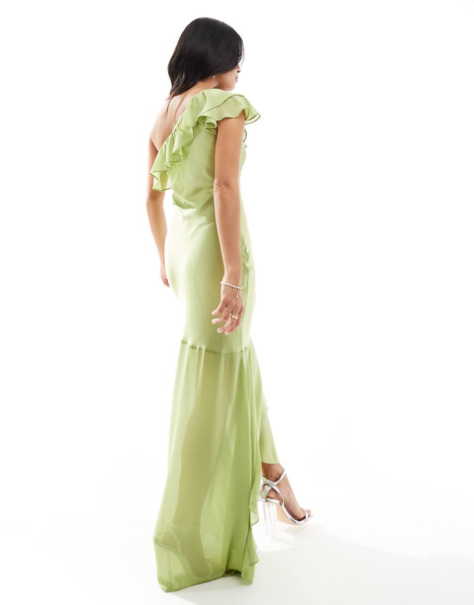 TFNC Petite Bridesmaid satin one shoulder ruffle maxi dress in olive