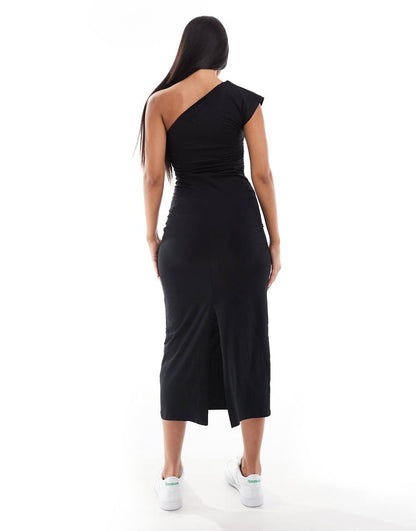 ASOS DESIGN one shoulder ruched side midaxi dress in black