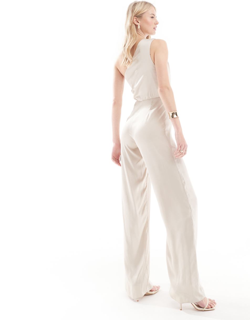 TFNC Tall Bridesmaid satin one-shoulder jumpsuit in champagne