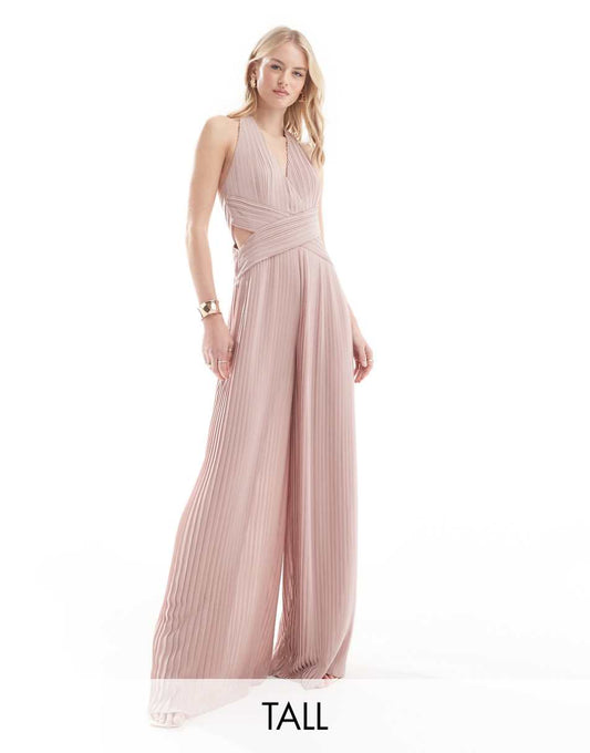 TFNC Tall Bridesmaid chiffon halter neck pleated jumpsuit in soft pink