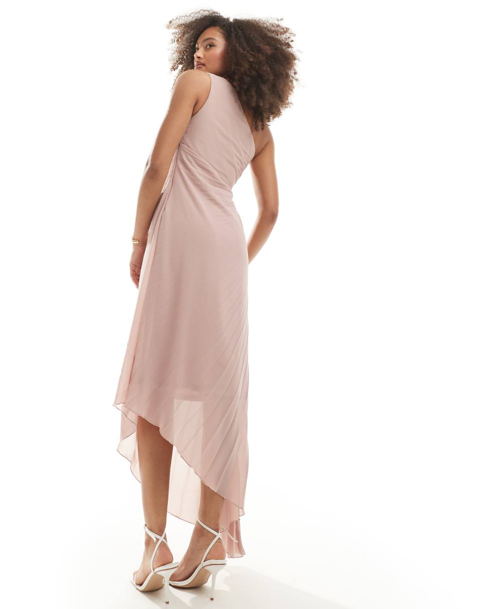 TFNC Bridesmaid chiffon pleated asymmetric maxi dress with gathered waist in soft pink