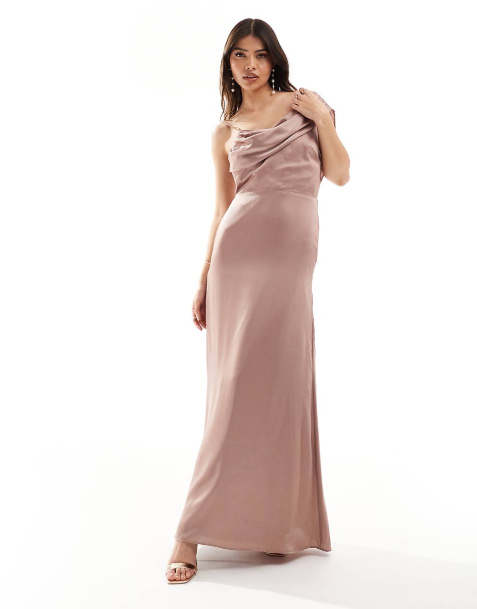 TFNC Bridesmaid satin one shoulder drape maxi dress in rose brown