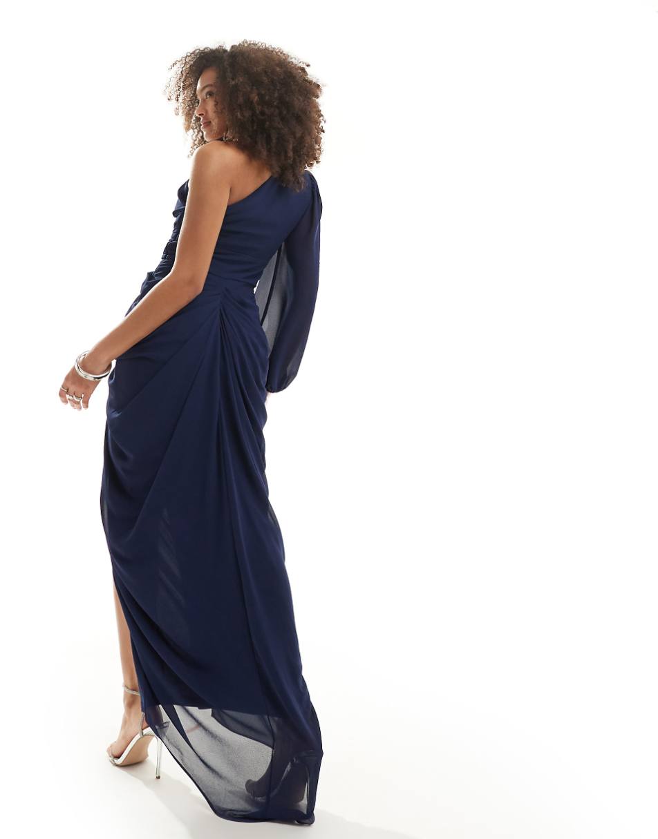 TFNC Bridesmaid chiffon draped one-shoulder maxi dress in navy