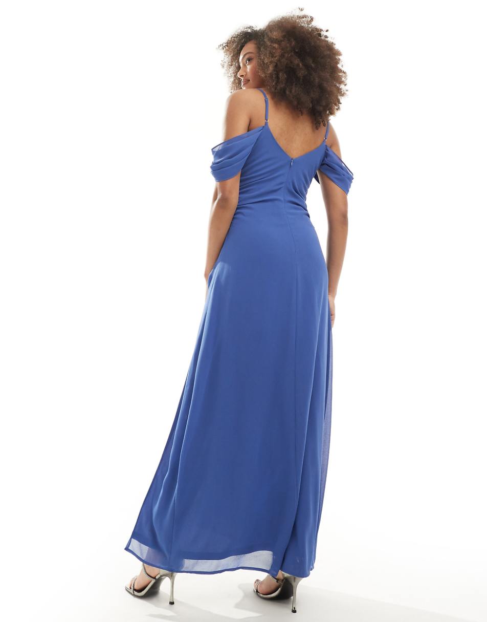 TFNC Bridesmaid chiffon cold shoulder maxi dress in aster blue