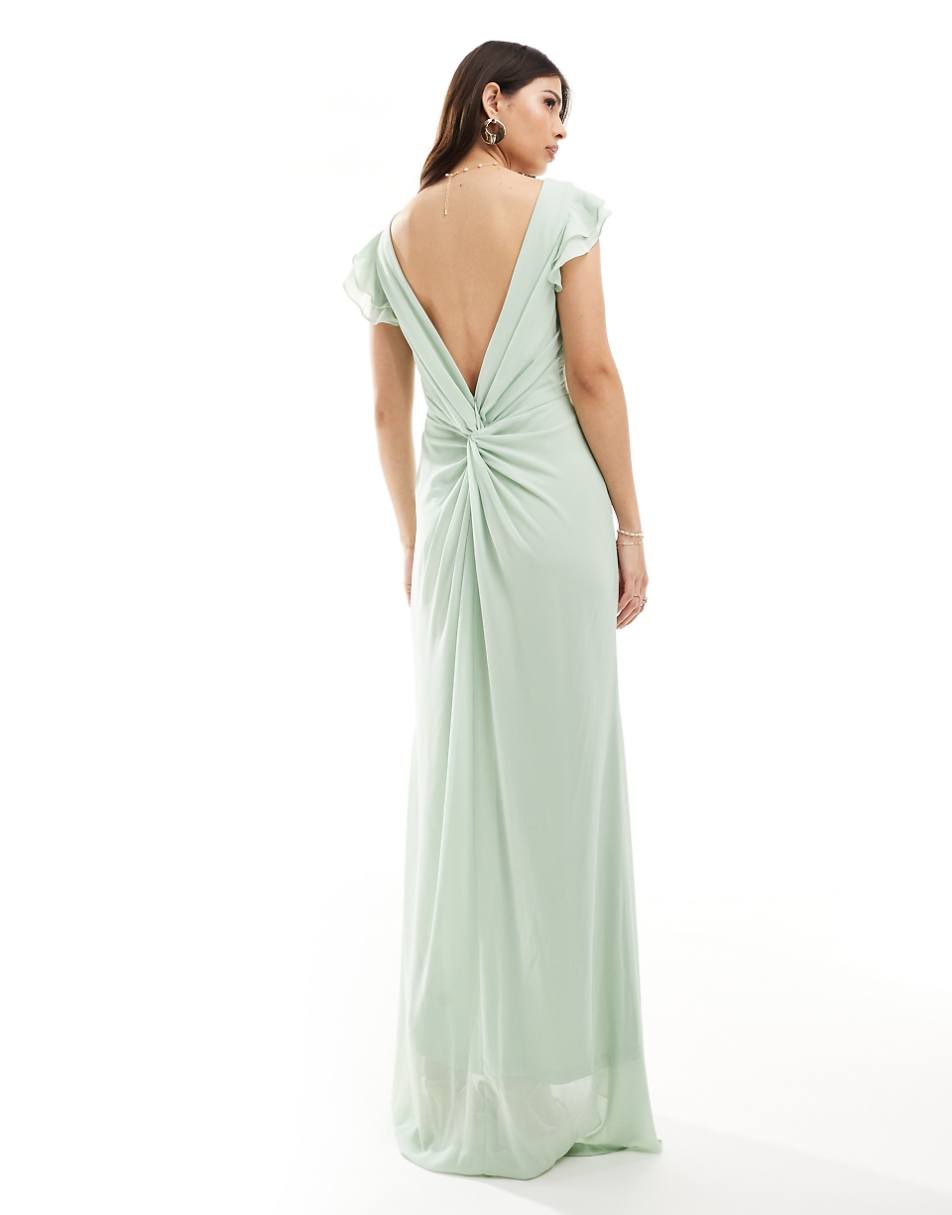 TFNC Bridesmaid chiffon twist back maxi dress with flutter sleeve in fresh mint