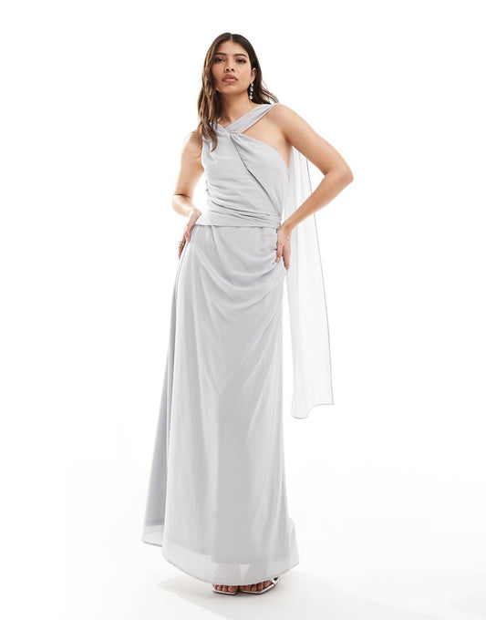 TFNC Bridesmaid chiffon one shoulder drape maxi dress in silver