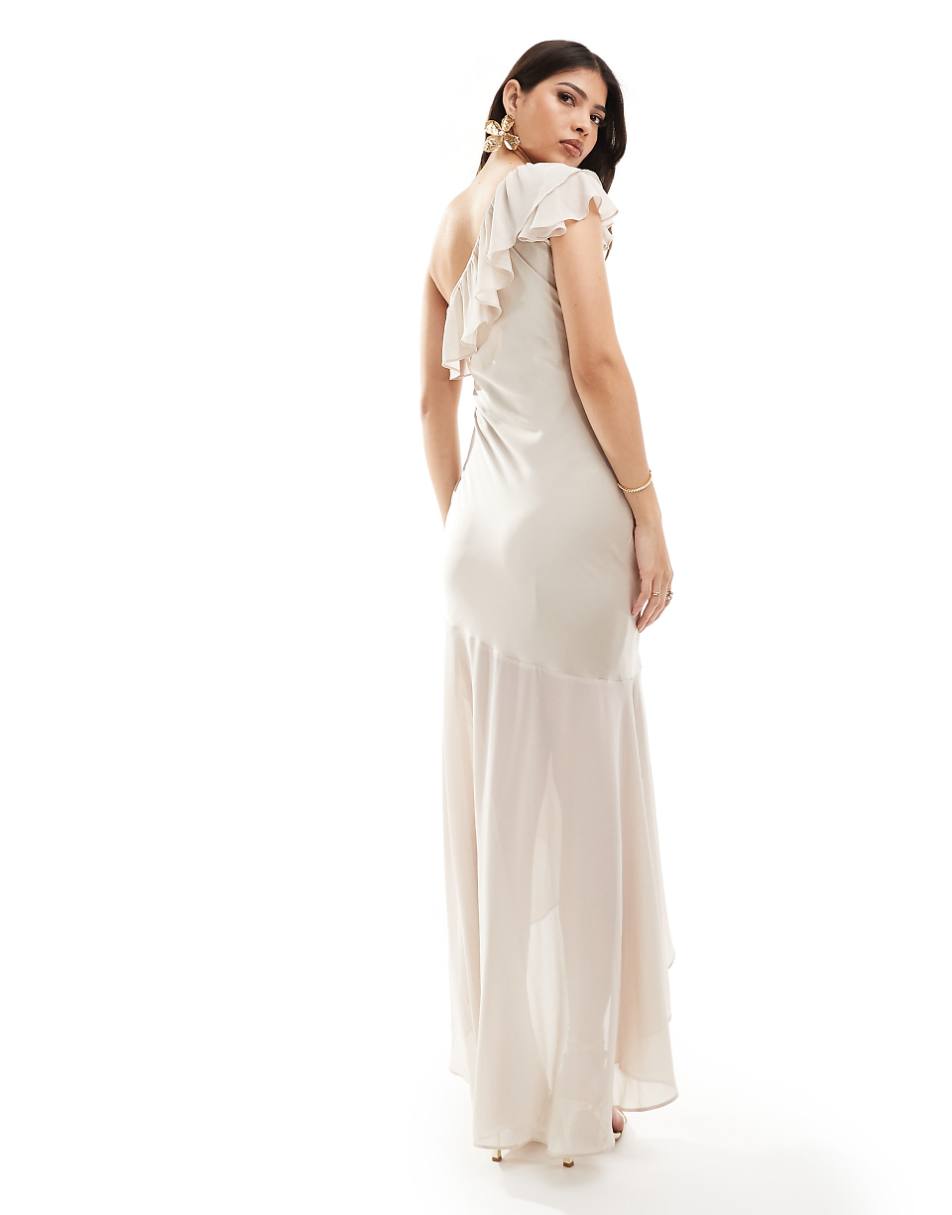 TFNC Bridesmaid satin one shoulder ruffle maxi dress in champagne