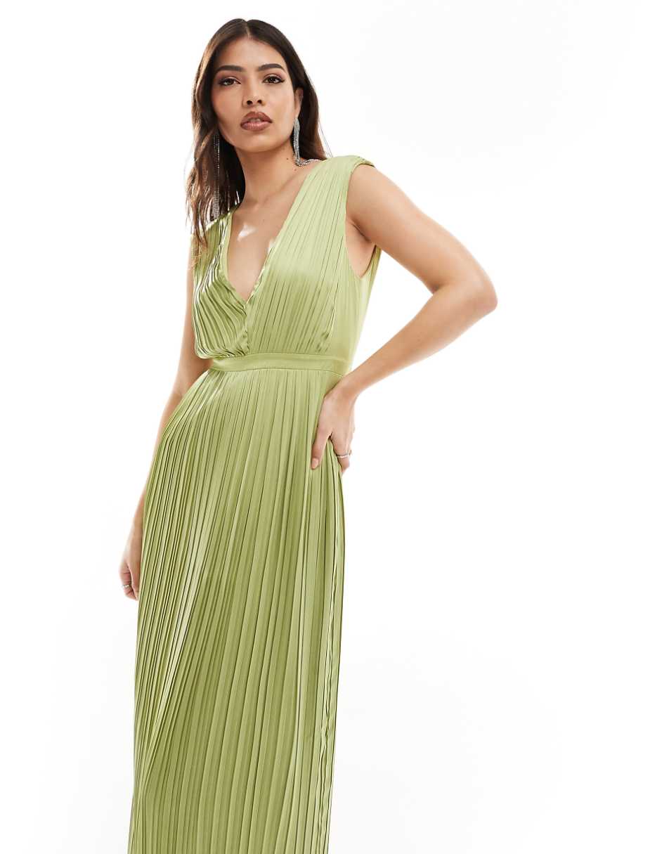 TFNC Bridesmaid satin pleated maxi dress in olive