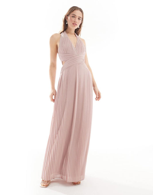 TFNC Bridesmaid chiffon halter neck pleated maxi dress in soft pink