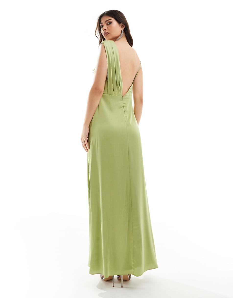 TFNC Bridesmaid satin one shoulder drape maxi dress in olive