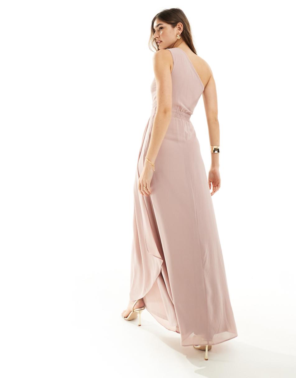 TFNC Bridesmaid chiffon one-shoulder drape maxi dress in soft pink