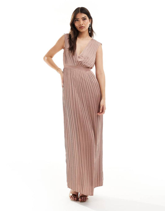 TFNC Bridesmaid satin pleated maxi dress in rose brown