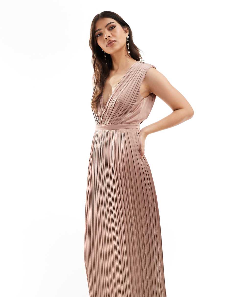 TFNC Bridesmaid satin pleated maxi dress in rose brown