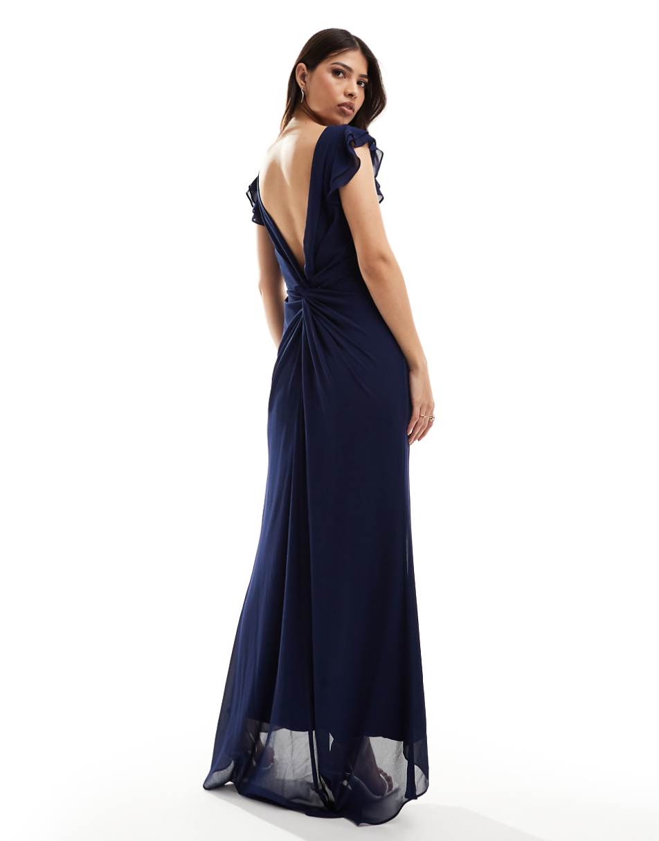 TFNC Bridesmaid chiffon twist back maxi dress with flutter sleeve in navy