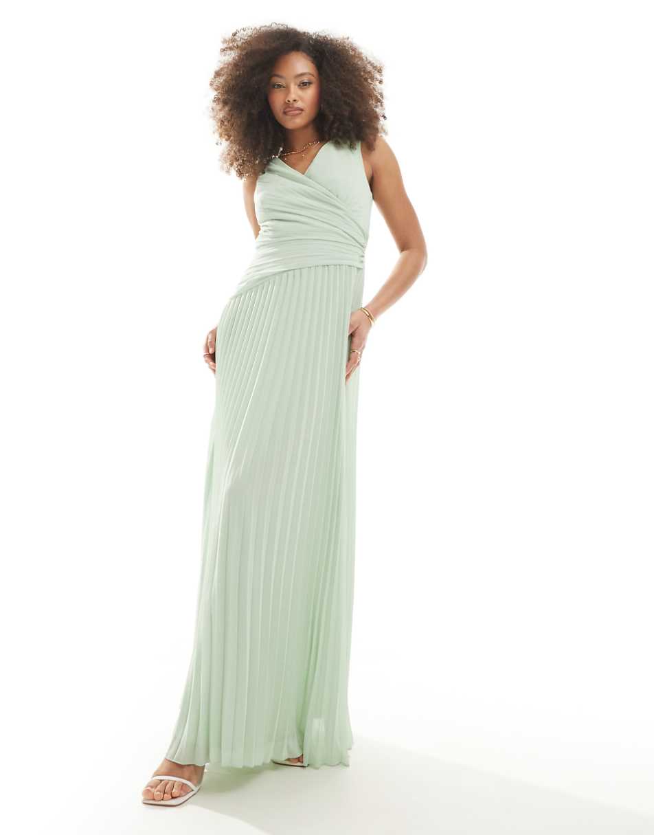 TFNC Bridesmaid chiffon wrap front pleated maxi dress in fresh mint