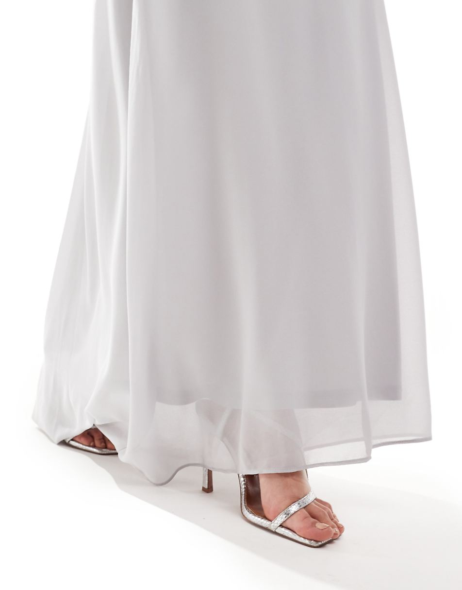 TFNC Bridesmaid chiffon cowl back maxi dress in silver