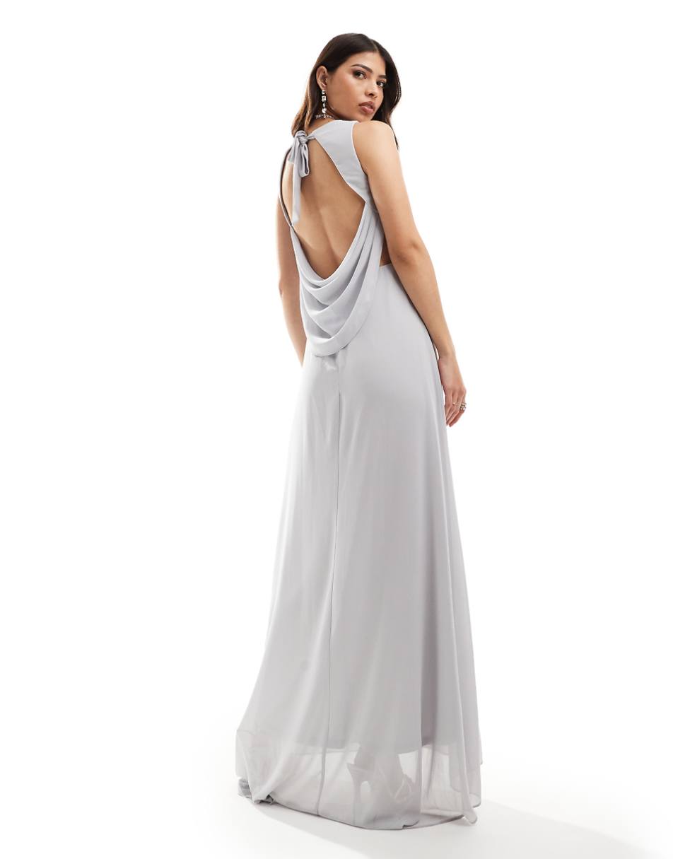 TFNC Bridesmaid chiffon cowl back maxi dress in silver