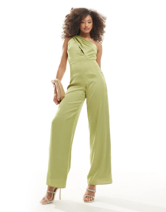 TFNC Bridesmaid satin one shoulder jumpsuit in olive