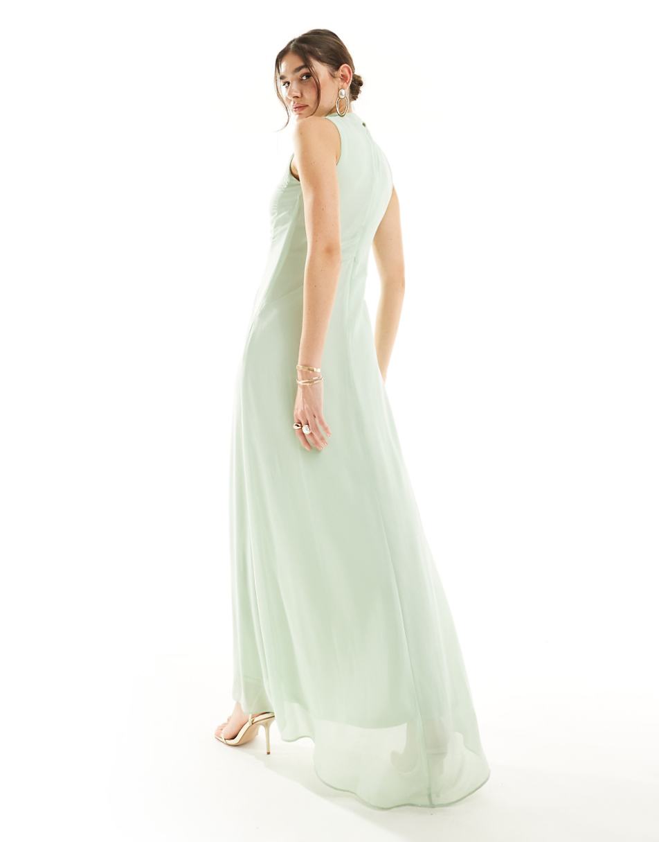 TFNC Bridesmaid chiffon high neck gathered maxi dress with straight skirt in fresh mint