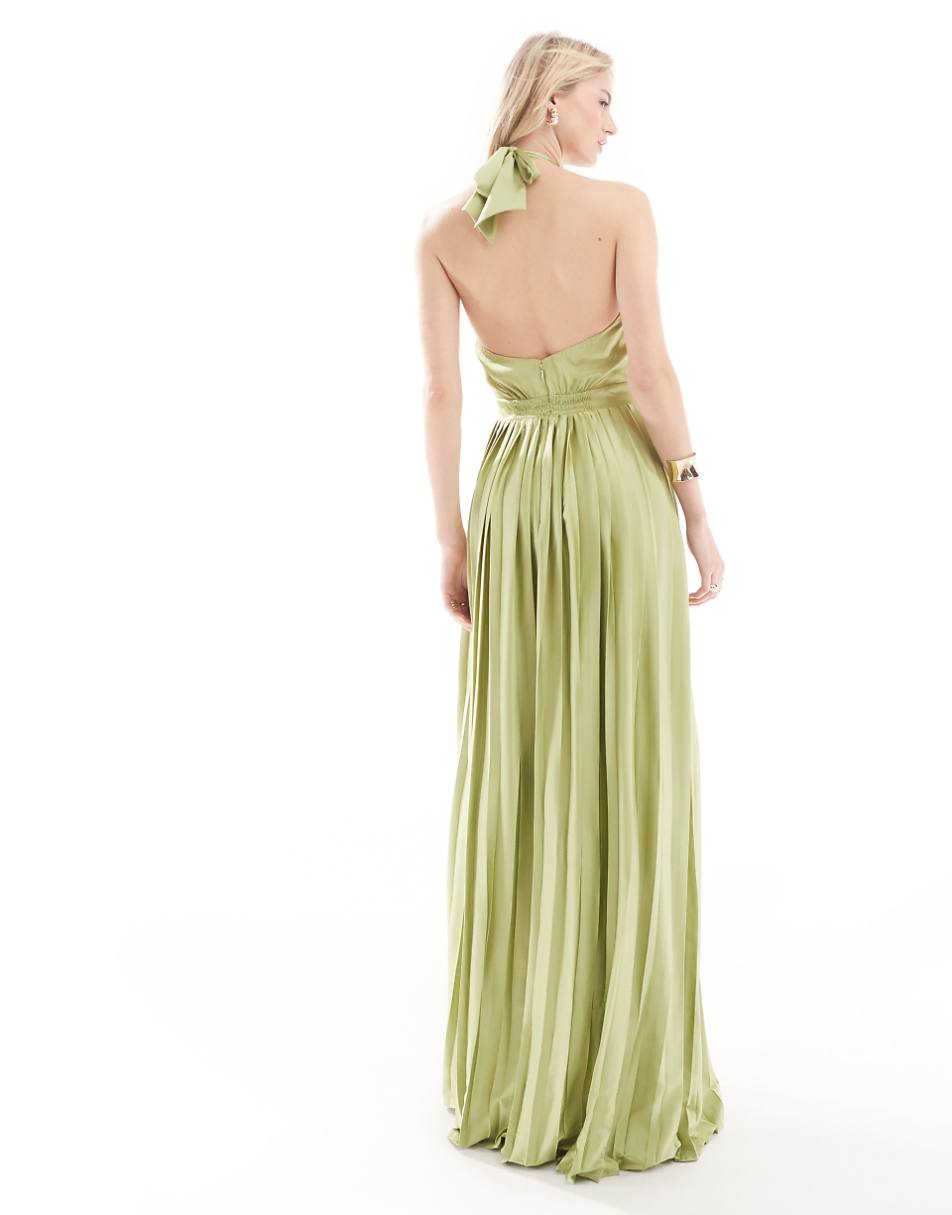 TFNC Tall Bridesmaid satin pleated halterneck maxi dress with full skirt in olive