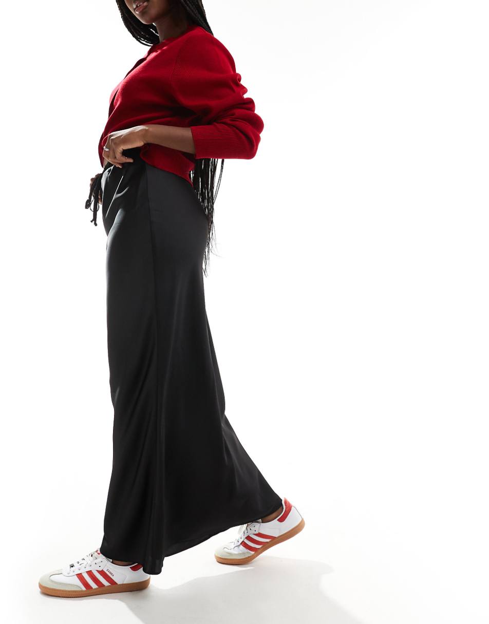 ASOS DESIGN satin bias maxi skirt with tie waist in black