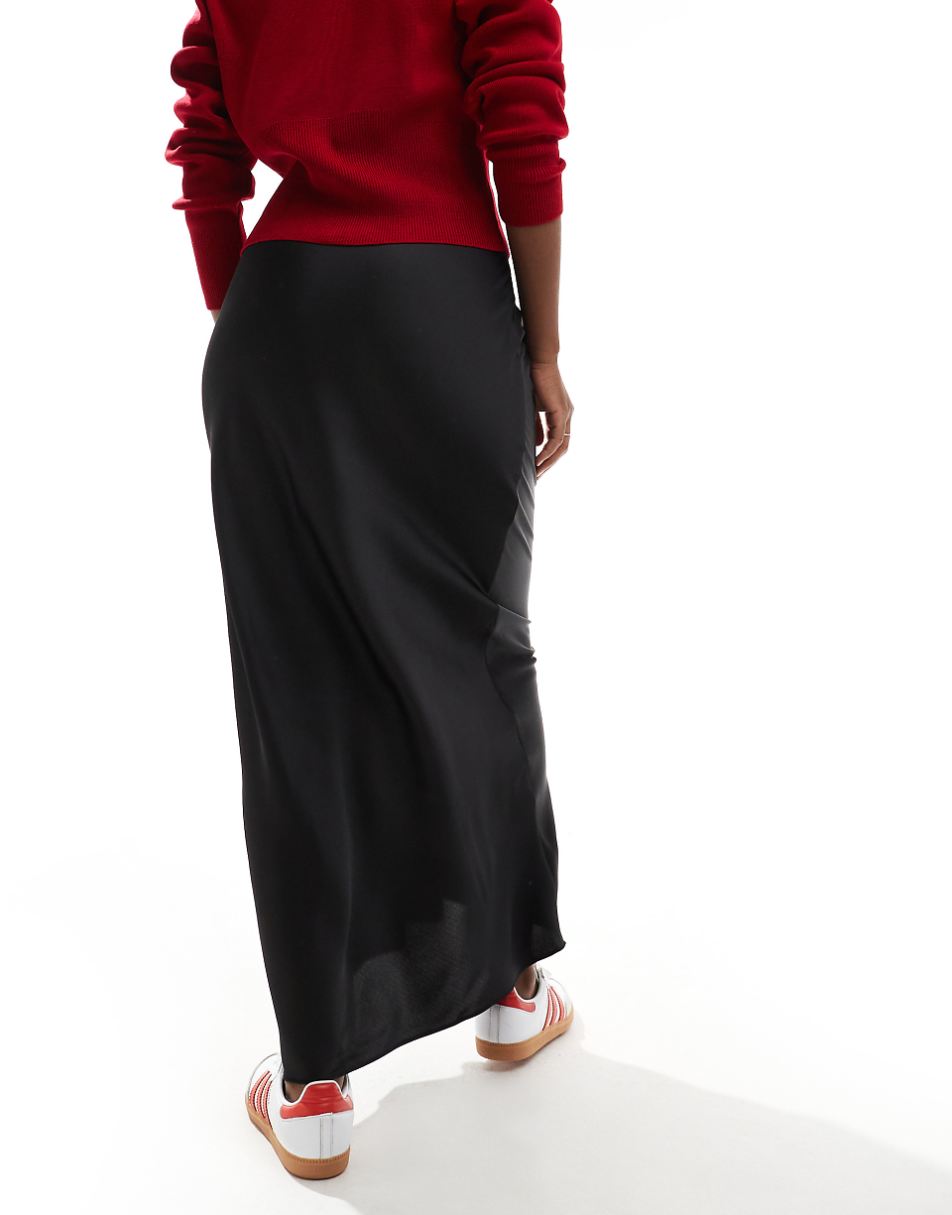 ASOS DESIGN satin bias maxi skirt with tie waist in black