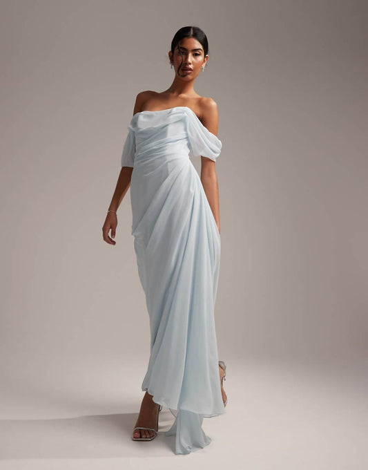 ASOS DESIGN Bridesmaids draped bardot midaxi dress in light blue