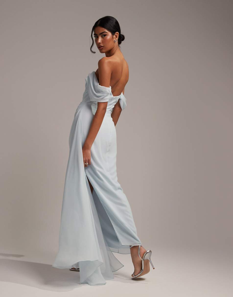 ASOS DESIGN Bridesmaids draped bardot midaxi dress in light blue