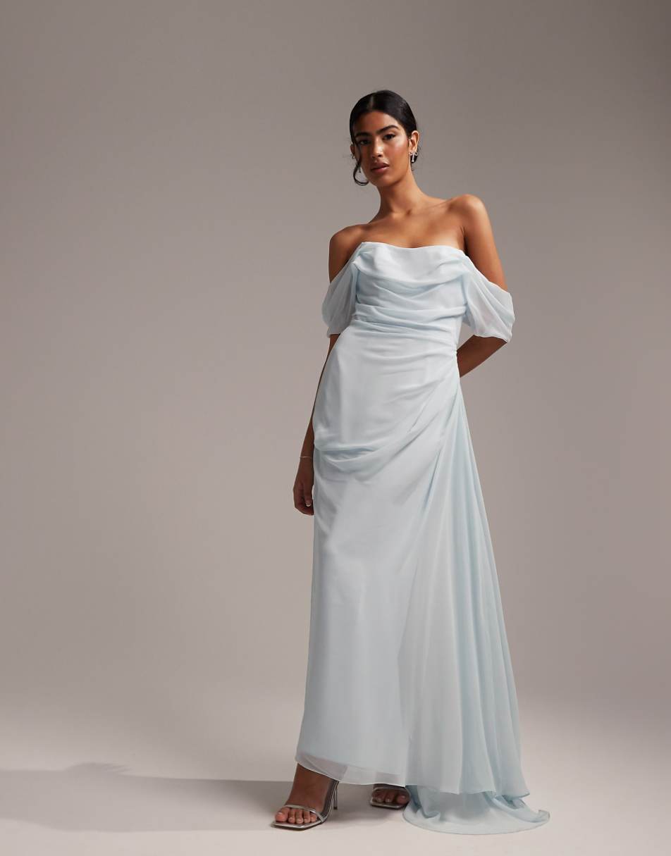 ASOS DESIGN Bridesmaids draped bardot midaxi dress in light blue