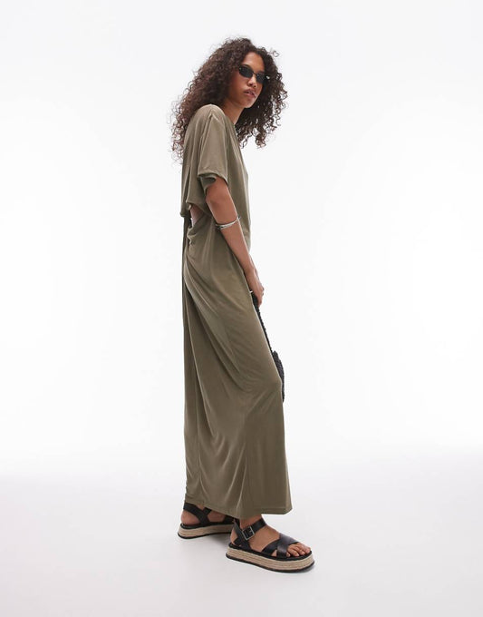 Topshop premium super soft twist back cupro t-shirt midi dress in khaki