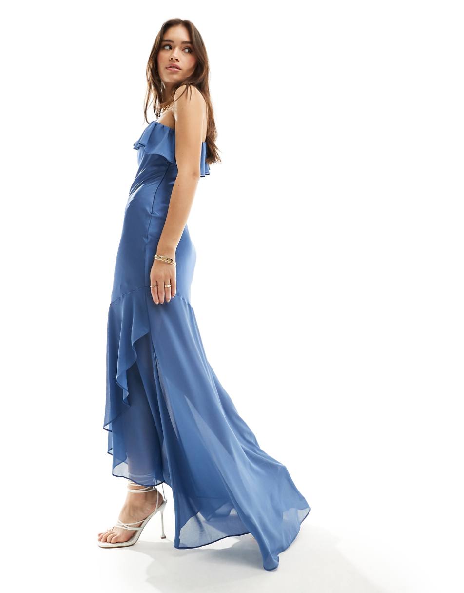 TFNC Bridesmaid satin one shoulder ruffle maxi dress in aster blue