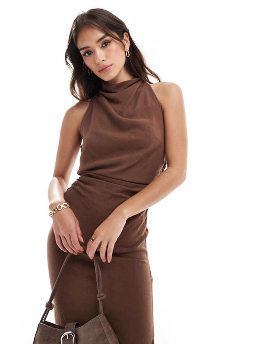 ASOS DESIGN high neck cross back column midi dress in chocolate