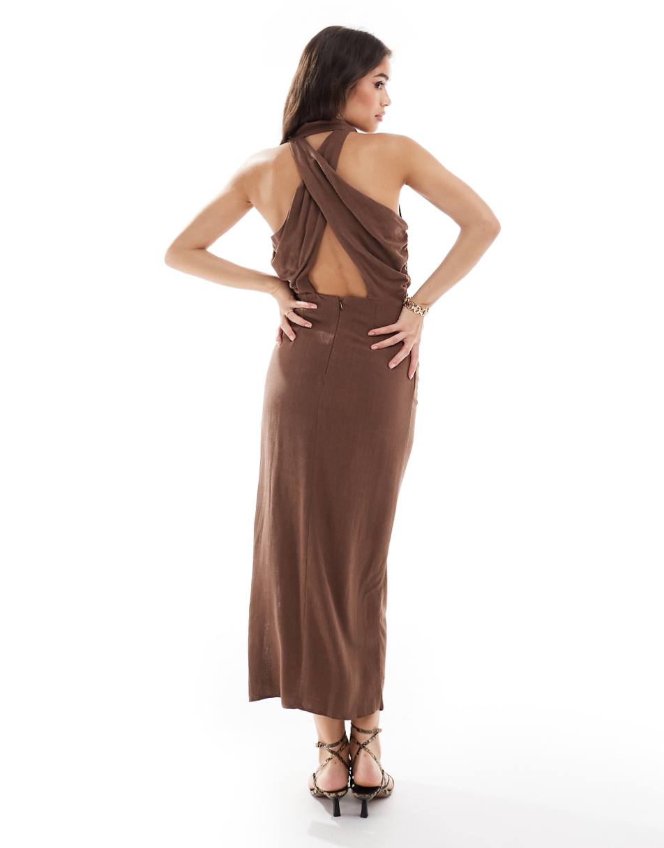 ASOS DESIGN high neck cross back column midi dress in chocolate