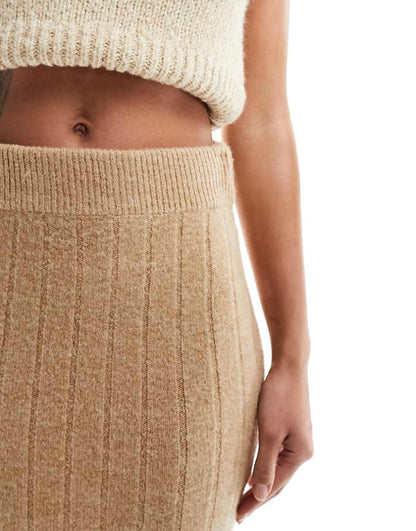 Miss Selfridge chunky ribbed knit skirt in camel
