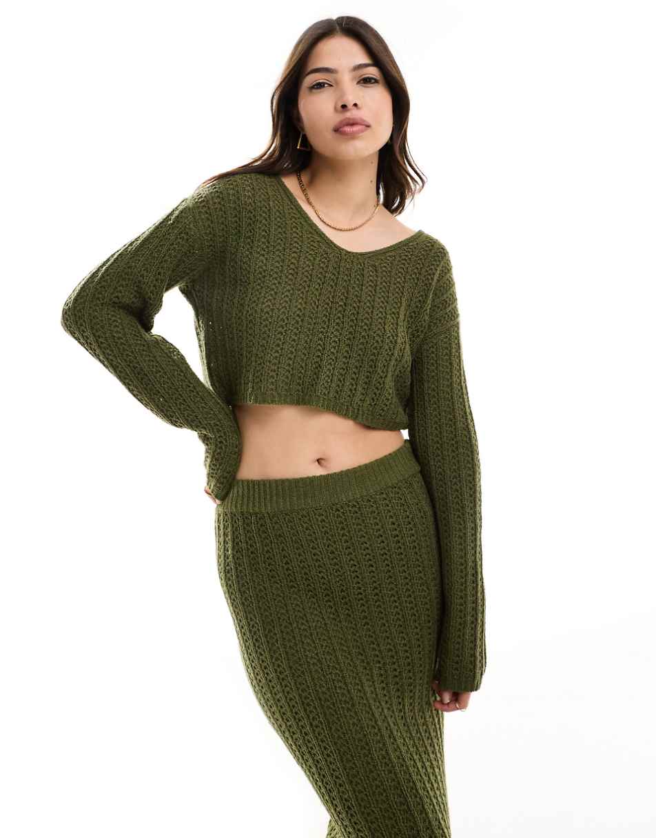 ASOS DESIGN knit v neck cropped sweater in open stitch in olive - part of a set