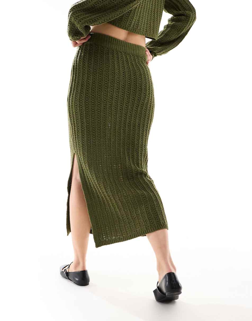 ASOS DESIGN knit midi skirt in open stitch in khaki - part of a set