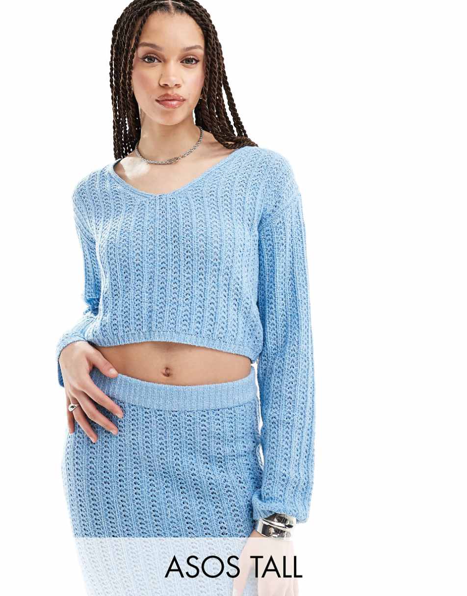 ASOS DESIGN Tall knit V-neck crop sweater in open stitch in blue - part of a set