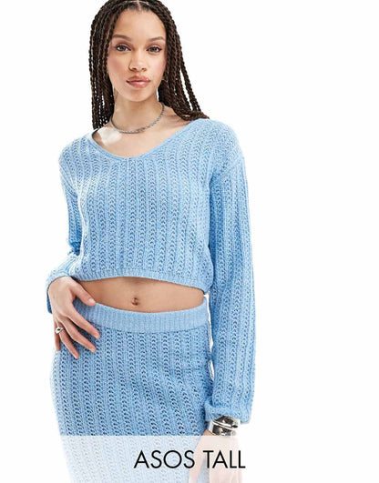 ASOS DESIGN Tall knit V-neck crop sweater in open stitch in blue - part of a set