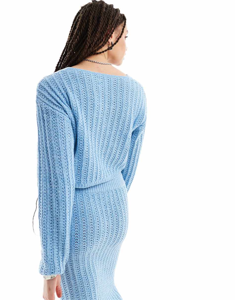 ASOS DESIGN Tall knit V-neck crop sweater in open stitch in blue - part of a set
