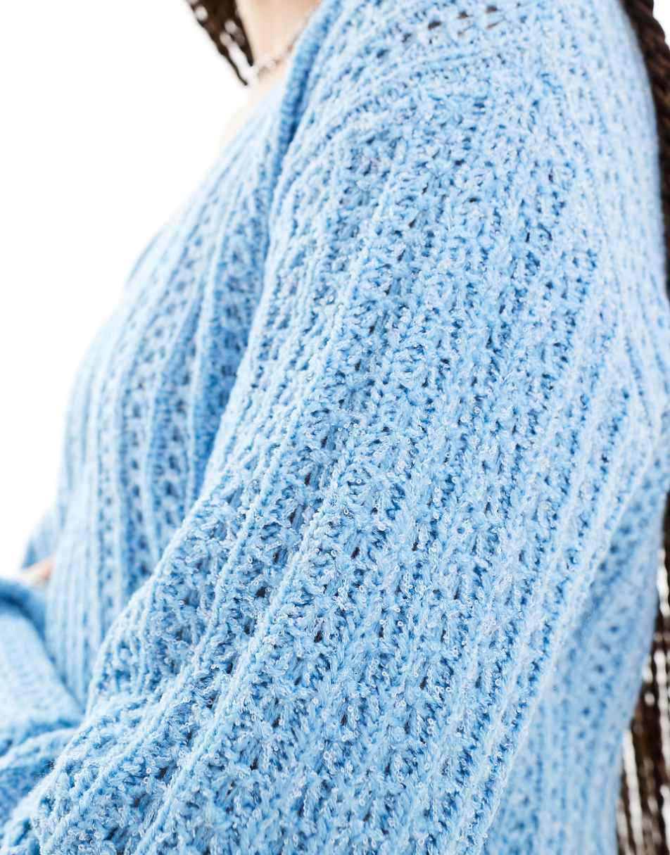 ASOS DESIGN Tall knit V-neck crop sweater in open stitch in blue - part of a set