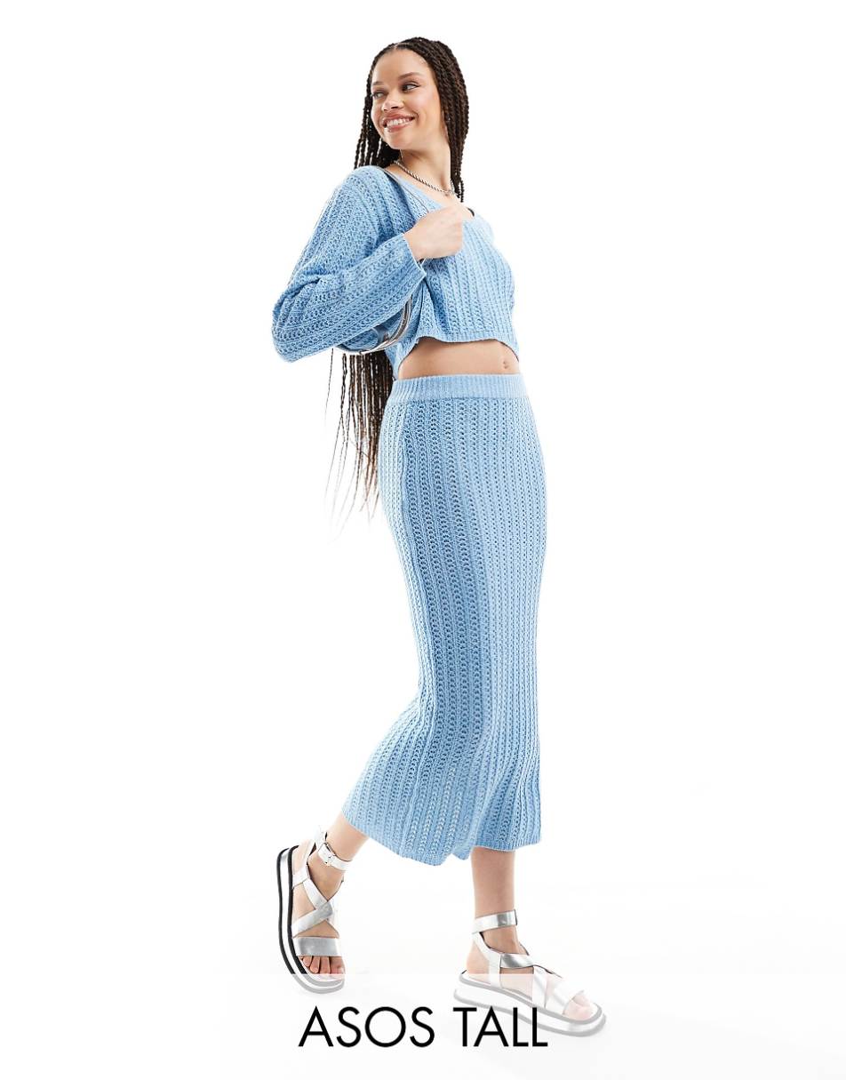 ASOS DESIGN Tall knit midi skirt in open stitch in blue - part of a set