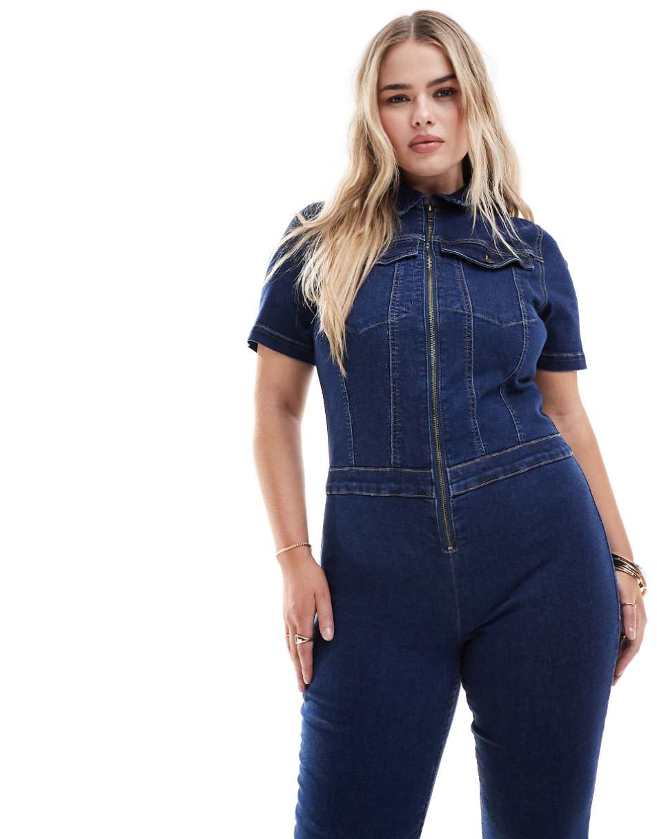 ASOS DESIGN Curve stretch 70s jumpsuit in dark blue