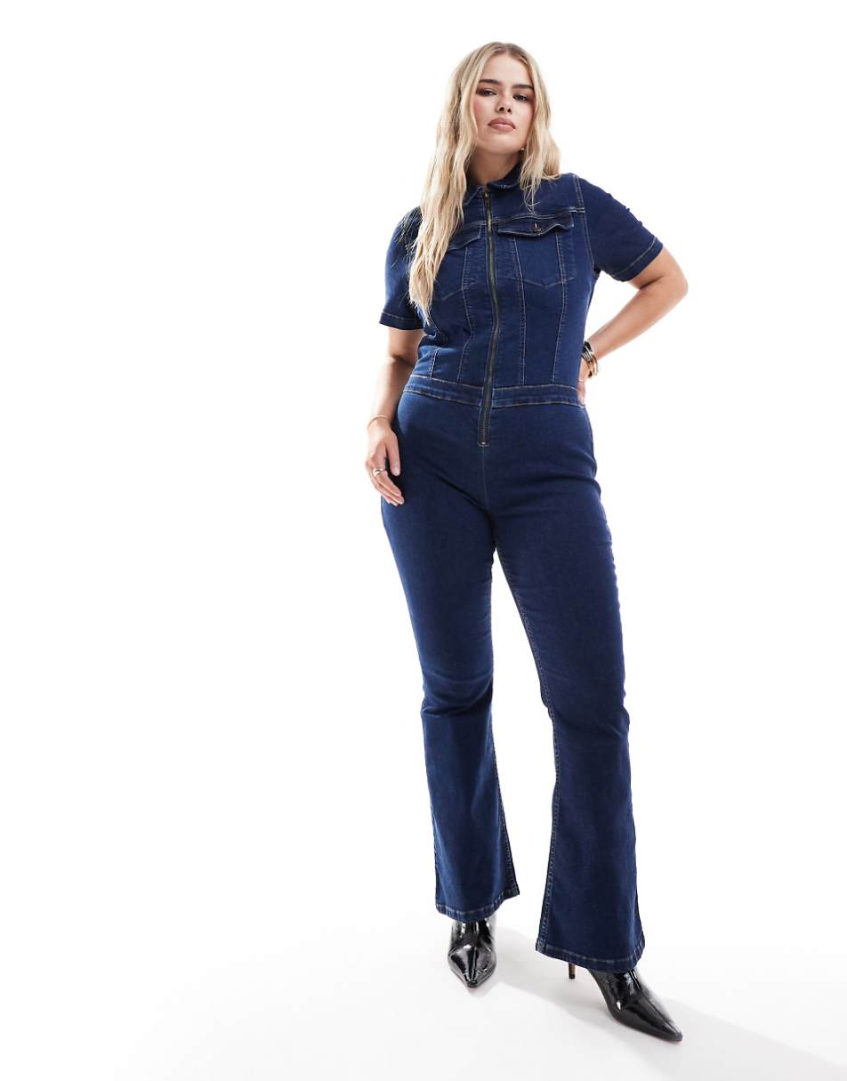 ASOS DESIGN Curve stretch 70s jumpsuit in dark blue