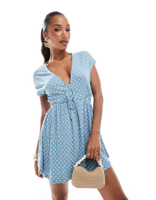 ASOS DESIGN crinkle short sleeve v neck tie front mini tea dress in blue polka dot