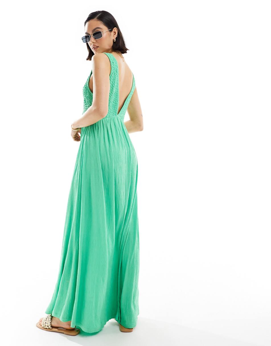 ASOS DESIGN crinkle v neck maxi dress with full hem in green