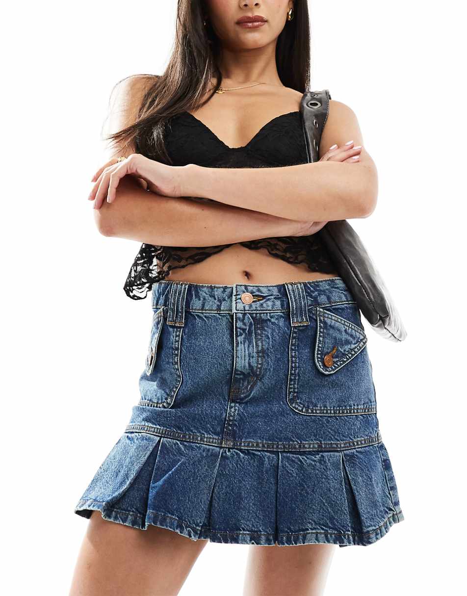 Reclaimed Vintage pleated denim western mini skirt